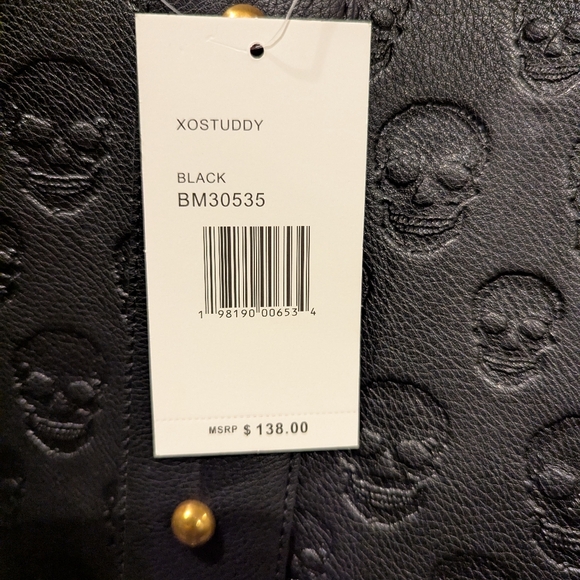 Betsey Johnson " XOSTUDDY" Black Skull Embossed Tote Bag With Metal Studs - Picture 6 of 8